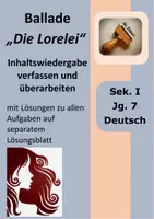 Vorschau - Arbeitsblätter - Ballade "Die Lorelei" / “Die Loreley” (Heinrich Heine), Inhaltswiedergabe verfassen und überarbeiten, mit Beispiellösung - Deckblatt