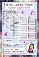 Vorschau - Spiele - Ich habe ... Wer hat? Nomen im Satz finden / Weltall Planeten Wetter - Deckblatt