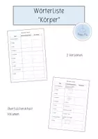 Vorschau - Arbeitsblätter - Wörterliste - Körper (Klasse 6) - Deckblatt