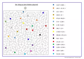 Vorschau - Arbeitsblätter - Addition, Subtraktion, Multiplikation und Division von Dezimalzahlen: Lernspiel Der Weg aus dem Mathelabyrinth - Seite 1