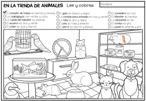 Vista previa - Manualidades / Dibujos para colorear - EN LA TIENDA DE ANIMALES - Lee y colorea (2 niveles de diferenciación) - página 1