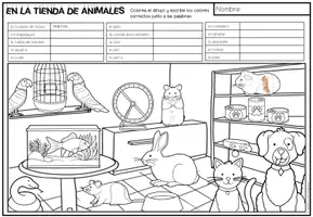 Vista previa - Manualidades / Dibujos para colorear - EN LA TIENDA DE ANIMALES - Lee y colorea (2 niveles de diferenciación) - página 2