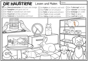 Vista previa - Hojas de trabajo - HAUSTIERE - Lesen und Malen (2 niveles de diferenciación) - página 1
