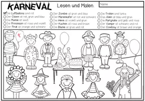 Vista previa - Manualidades / Dibujos para colorear - KARNEVAL - Lesen und Malen (4 niveles de diferenciación) - página 1