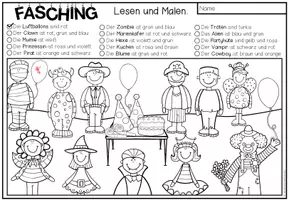 Vista previa - Manualidades / Dibujos para colorear - KARNEVAL - Lesen und Malen (4 niveles de diferenciación) - página 3