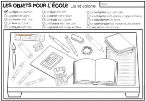 Vista previa - Manualidades / Dibujos para colorear - LES OBJETS POUR L’ÉCOLE - Lis et colorie (2 niveles de diferenciación) - página 1