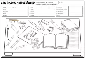 Vista previa - Manualidades / Dibujos para colorear - LES OBJETS POUR L’ÉCOLE - Lis et colorie (2 niveles de diferenciación) - página 2