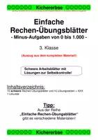 Vorschau - Stationenlernen - Einfache Rechen-Übungsblätter - Subtraktionsaufgaben im ZR von 0 bis 1.000 (nur die schwere von 3 Differenzierungsstufen) - Deckblatt