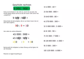 Vorschau - Arbeitsblätter - Geschickt rechnen Dividieren mit Nullen Schwierig - Deckblatt