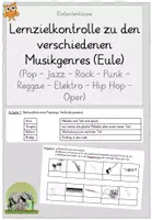 Vorschau - Arbeitsblätter - Lernzielkontrolle / Test verschiedene Musikgenres (Eule) - Deckblatt