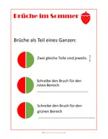 Vorschau - Arbeitsblätter - Brüche im Sommer - Grundlagen Bruchrechnung - Hälfte / Viertel / Drittel - Seite 1