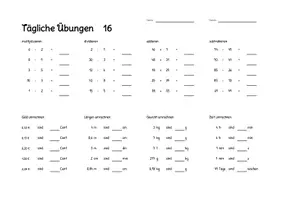 Vorschau - Arbeitsblätter - Tägliche Übungen 16 bis 20 (Grundrechenarten, Umrechnen) - Seite 1