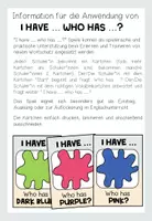 Vorschau - Spiele - Colours / Colors Englisch – Farben, Colours Vocabulary, Farbwörter, Wortschatz, Hörverstehen, Speaking | I Have Who Has, Wortschatzspiel, Kartenspiel 3., 4., 5., 6. Klasse, Grundschule, Sekundarstufe - Seite 1