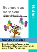 Vorschau - Arbeitsblätter - Rechnen zu Karneval - Clown, Luftballons - Addieren, Subtrahieren, Multiplizieren und Dividieren - Mathe - Deckblatt