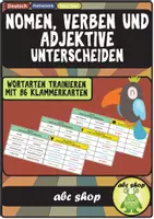 Vorschau - Arbeitsblätter - Nomen, Verben und Adjektive unterscheiden, Wortarten (86 Klammerkarten mit Lösungen) - Deckblatt