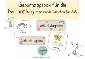 Vorschau - Bildkarten - Geburtstagsbox-Schild Beige + passende Kärtchen für SuS D/E - Deckblatt