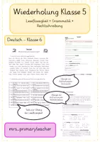Vorschau - Arbeitsblätter - Wiederholung Lesen + Rechtschreibung + Grammatik, Deutsch Klasse 6 - Deckblatt