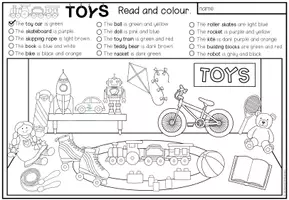 Vorschau - Arbeitsblätter - Toys Englisch – Spielzeug, Toys Vocabulary, Wortschatz, Reading, Reading Comprehension, Leseverstehen, Read and Colour, Lesen und Malen | Arbeitsblatt, Lesetraining 3., 4. Klasse, Grundschule - Seite 1