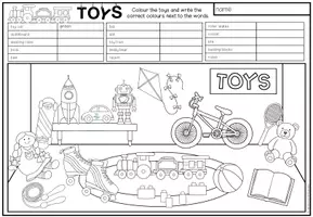 Vorschau - Arbeitsblätter - Toys Englisch – Spielzeug, Toys Vocabulary, Wortschatz, Reading, Reading Comprehension, Leseverstehen, Read and Colour, Lesen und Malen | Arbeitsblatt, Lesetraining 3., 4. Klasse, Grundschule - Seite 2