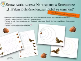 Vorschau - Arbeitsblätter - Nachspuren / Schwungübung / Schneiden HERBST - „Hilf dem Eichhörnchen, zur Eichel zu kommen“ (auch als Schneideübung) - Grafomotorik für Rechts- & Linkshänder - Deckblatt