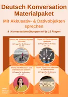 Vorschau - Stundenentwürfe - DAF/DAZ Materialpaket - A1, A2 - Mit Akkusativ- und Dativobjekten sprechen - 4 Sprechanlässe daf, daz, Konversation, Deutsch, Sprechübung, Akkusativ, Dativ, 4 Fälle, Kasus - Deckblatt