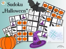 Vorschau - Arbeitsblätter - SUDOKU „HALLOWEEN“ in 6 verschiedenen Designs (auch schwarz-weiß zum Kopieren & Ausmalen): Gespenst, Kürbis, Fledermaus, Hexenhut (Anfänger & Sudoku-Puzzle) - Deckblatt