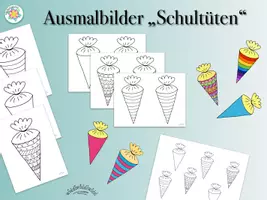 Vorschau - Arbeitsblätter - Ausmalbilder „Schultüten“ - Zum Beispiel für Girlanden. - Deckblatt
