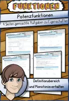 Vorschau - Arbeitsblätter - Potenzfunktionen 4 Seiten gemischte Aufgaben zu Eigenschaften - Deckblatt