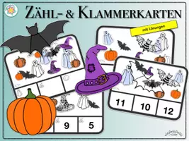Vorschau - Fördermaterial/Inklusion - Klammerkarten / Zählkarten: Mengenkarten HALLOWEEN (Gespenst, Kürbis, Hexenhut, Fledermaus) - auch zum Selbstbeschriften - MIT LÖSUNG (binnendifferenziert) - Deckblatt