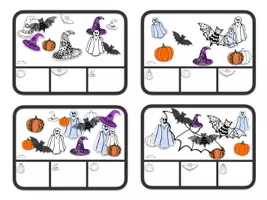 Vorschau - Fördermaterial/Inklusion - Klammerkarten / Zählkarten: Mengenkarten HALLOWEEN (Gespenst, Kürbis, Hexenhut, Fledermaus) - auch zum Selbstbeschriften - MIT LÖSUNG (binnendifferenziert) - Seite 1