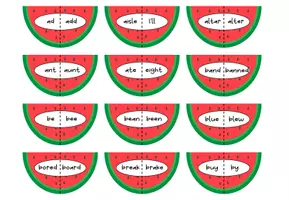 Vorschau - Stationenlernen - Melon Matching Homophones – 72 Wörter – 144 Clipcards – Englisch Material für die Sekundarstufe 1 und 2 - Seite 1