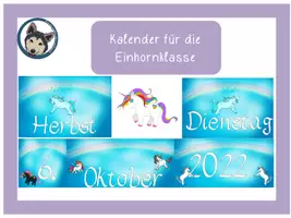 Vorschau - Präsentationen/Tafelbilder - Tafelkalender Einhornklasse #Klassentier - Deckblatt