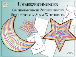 Vorschau - Arbeitsblätter - UMRISSZEICHNUNGEN zu WEIHNACHTEN: MOND & STERNE für grafomotorische Übungen (Schwungübungen) sowie zum Ausmalen & Weitermalen (Nacht, Himmel, Advent, Weihnachten, St. Martin) - Deckblatt