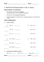 Vorschau - Klassenarbeiten - Klassenarbeit: Addition + Subtraktion (Klasse 3/4) - Seite 1