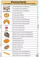 Vorschau - Aufgabenkarten - Klammerkarte bestimmte und unbestimmte Artikel "In der Bäckerei" Thema Einkaufen - DaZ / DaF - Seite 1