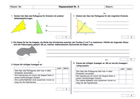 Vorschau - Klassenarbeiten - Klassenarbeit: Satz des Pythagoras und Prozentrechnung - Deckblatt
