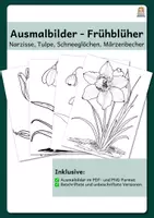 Vorschau - Mal- und Bastelvorlagen - Ausmalbilder - Frühblüher (Narzisse, Tulpe, Schneeglöckchen, Märzenbecher) - Deckblatt