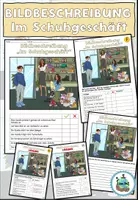 Aperçu - Feuilles d'exercices - Allemand - Description de l'image "Im Schuhgeschäft" (thème des achats) différenciée en 3 parties - Page de couverture