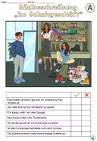 Aperçu - Feuilles d'exercices - Allemand - Description de l'image "Im Schuhgeschäft" (thème des achats) différenciée en 3 parties - Page 1