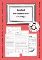 Vorschau - Arbeitsblätter - Fasching Karneval Fastnacht Lesetext Warum feiern wir Fasching? Woher kommt das Wort Fastnacht? Sachtext und Fragen. Klasse 2, 3, 4. Ursprung des Festes. Fastenzeit, Aschermittwoch Deutsch / Ethik / Sachunterricht / Religion - Deckblatt