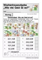 Vorschau - Arbeitsblätter - Wochenhausaufgabe: Geld ZR1000 (Euro und Cent) - Seite 1