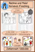 Vorschau - Arbeitsblätter - Rechenmalblätter Karneval, Fasching, Zahlenraum 1.000.000, Klasse 4 + 5, Rechne und Male, Addition, Subtraktion - Deckblatt