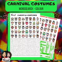 Vista previa - Hojas de trabajo - CARNIVAL COSTUMES - 40 Colour Word seach - Portada