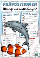 Vista previa - Hojas de trabajo - Ejercicio Preposiciones "Wo ist der Delfin?" Animales en el mar - Alemán - Portada