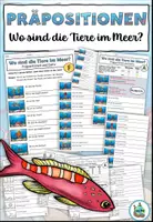 Vista previa - Hojas de trabajo - Ejercicio preposiciones y dativo "¿Wo sind die Tiere im Meer?" doble diferenciado - Alemán - Portada