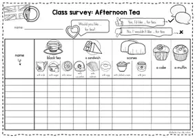 Vorschau - Stationenlernen - Tea Time / Afternoon Tea - Class Survey Englisch Grundschule (Klasse 3–4) – Interview & Speaking Activity für Wortschatztraining | Arbeitsblätter - Seite 1