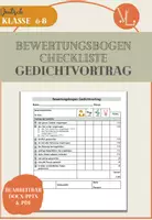 Vorschau - Arbeitsblätter - Bewertungsbogen Checkliste Gedichtvortrag DOCX PDF - Deckblatt
