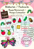 Vista previa - Refuerzo / NEE / Materiales de apoyo - Inglés y Aléman - tarjetas con imagénes - oruga muy hambrienta - Flashcards English: hungry caterpillar - Deutsch: Raupe Nimmersatt (book by Eric Carle) - Portada