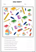 Aperçu - Feuilles d'exercices - How many? | Counting School Supplies Worksheet - Page 1
