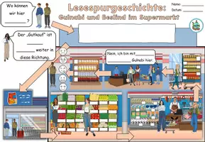 Aperçu - Feuilles d'exercices - Histoire de lecture "Gulnabi und Beslind im Supermarkt" Les produits au supermarché - Thème des courses - Français - Page 1
